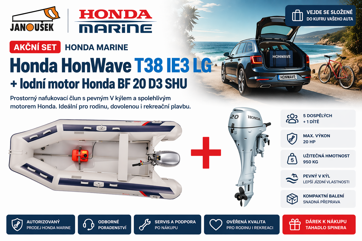 Akční set Honda Marine HonWave T38 IE3 LG s lodním motorem Honda BF20 D3 SHU